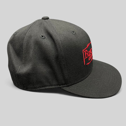 Raree Finds black Flexfit 210 fitted cap with red embroidered Base Camp Aspen Snowmass logo on the front
