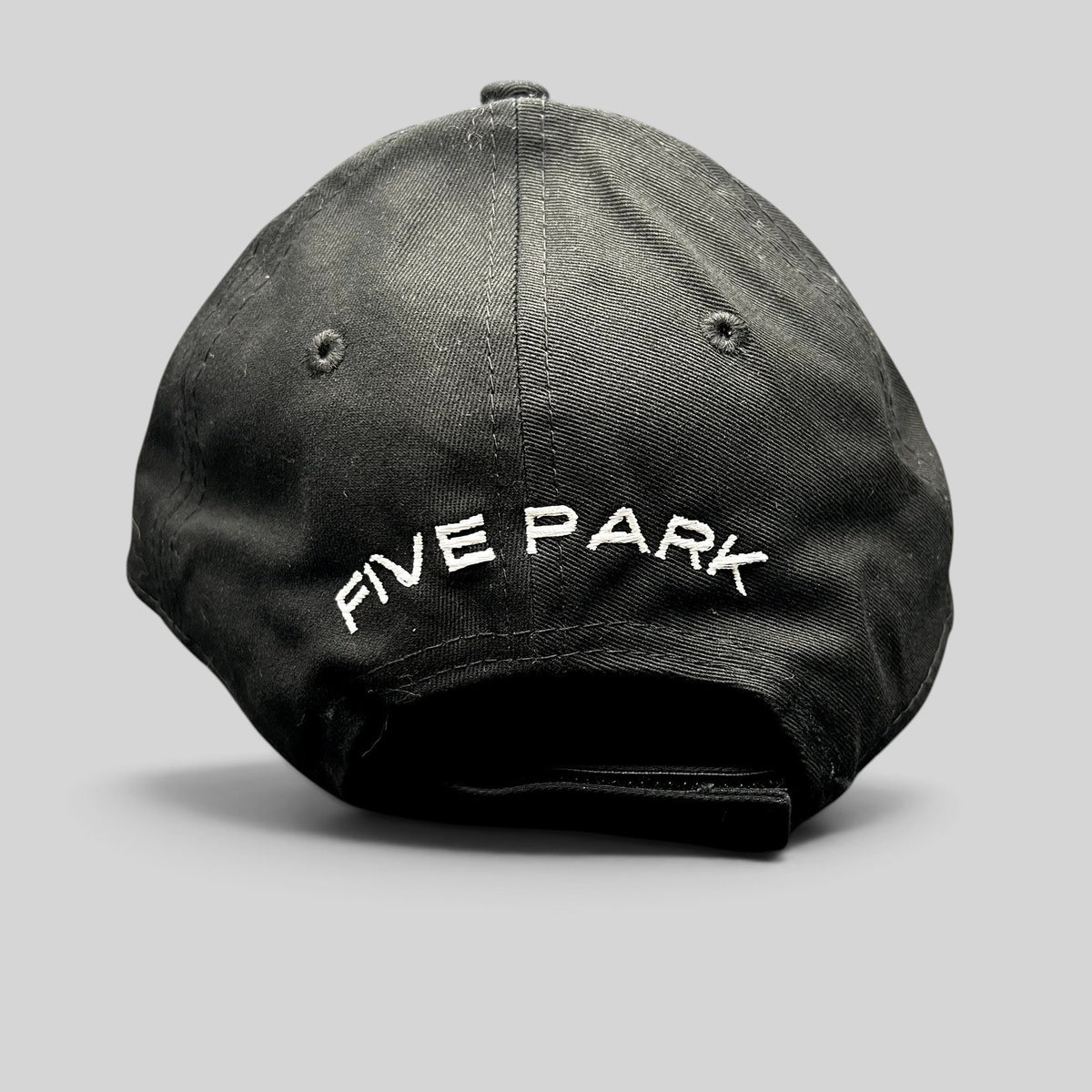 Raree Finds black New Era 9FORTY strapback hat featuring white Five Park Miami Beach embroidery on the back