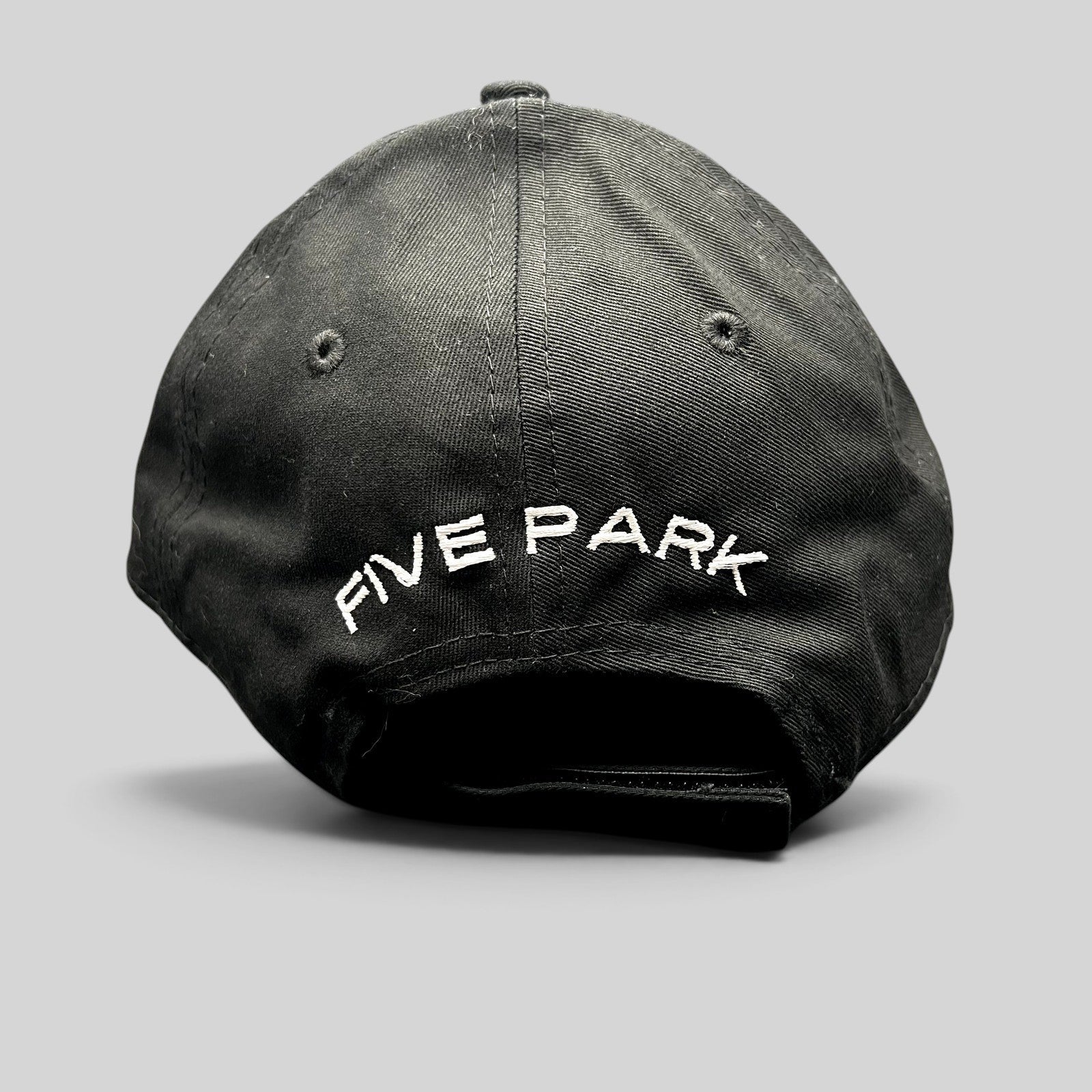 Raree Finds black New Era 9FORTY strapback hat featuring white Five Park Miami Beach embroidery on the back