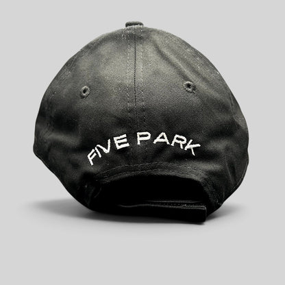 Raree Finds black New Era 9FORTY strapback hat featuring white Five Park Miami Beach embroidery on the back