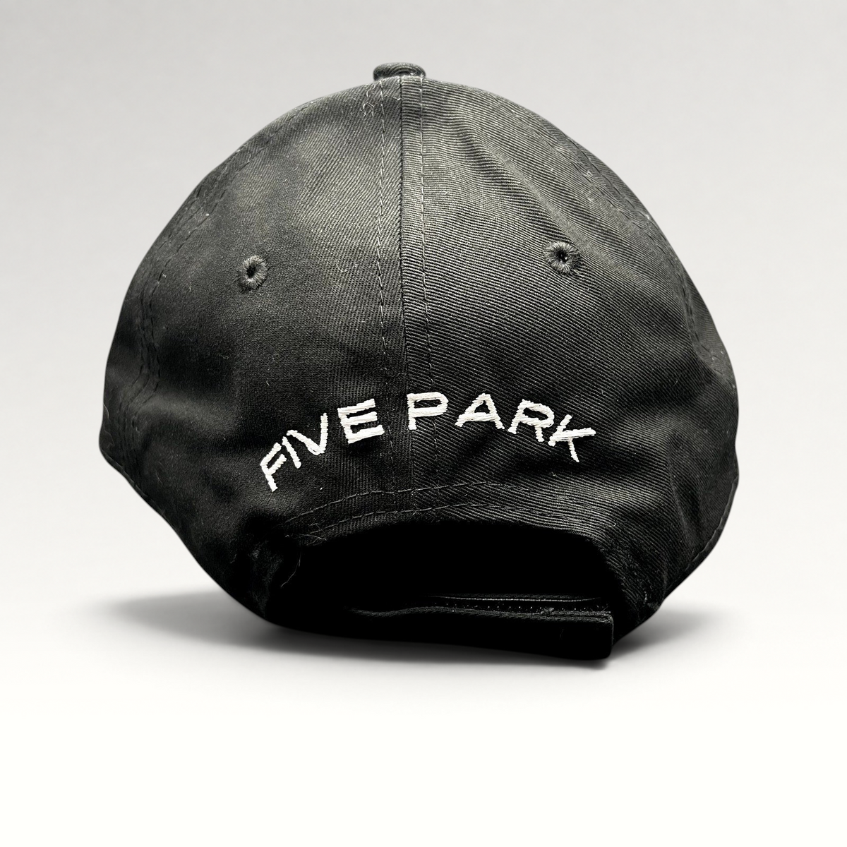 Raree Finds black New Era 9FORTY strapback hat featuring white Five Park Miami Beach embroidery on the back