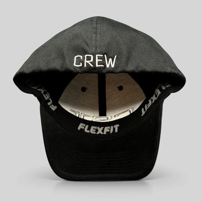 Raree Finds black Yupoong Flexfit hat with CREW embroidered in gray on the back interior sweatband