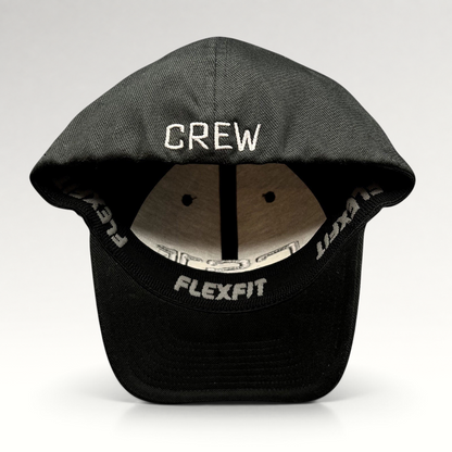 Raree Finds black Yupoong Flexfit cap with CREW embroidered in gray on the back interior brim