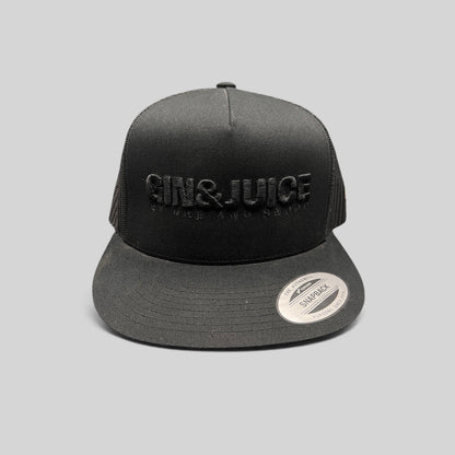 Raree Finds black Gin & Juice snapback hat with puff embroidery, flat bill, and mesh back on a dark background.