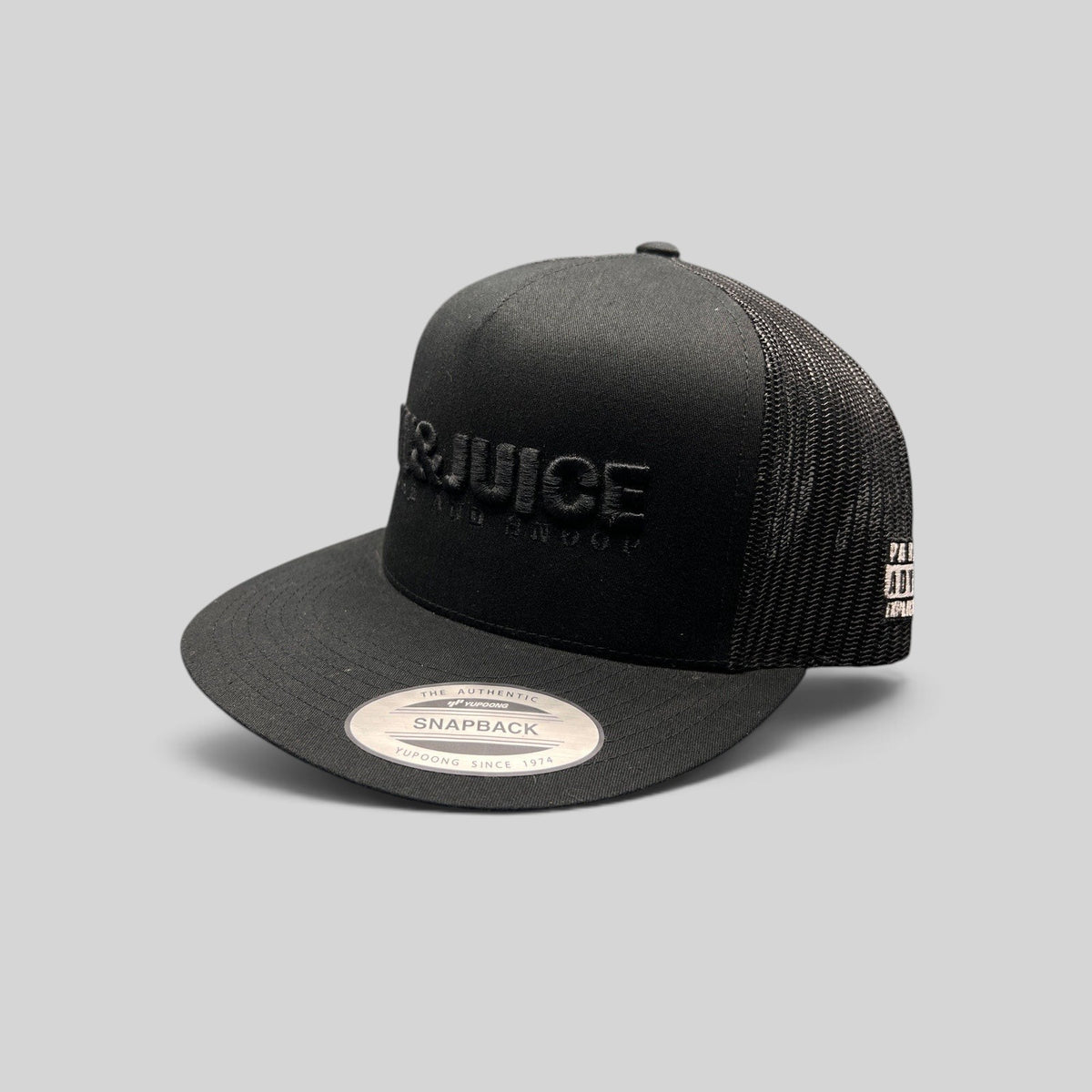 Raree Finds black Gin & Juice snapback hat with puff embroidery, mesh back, and Parental Advisory side detail.