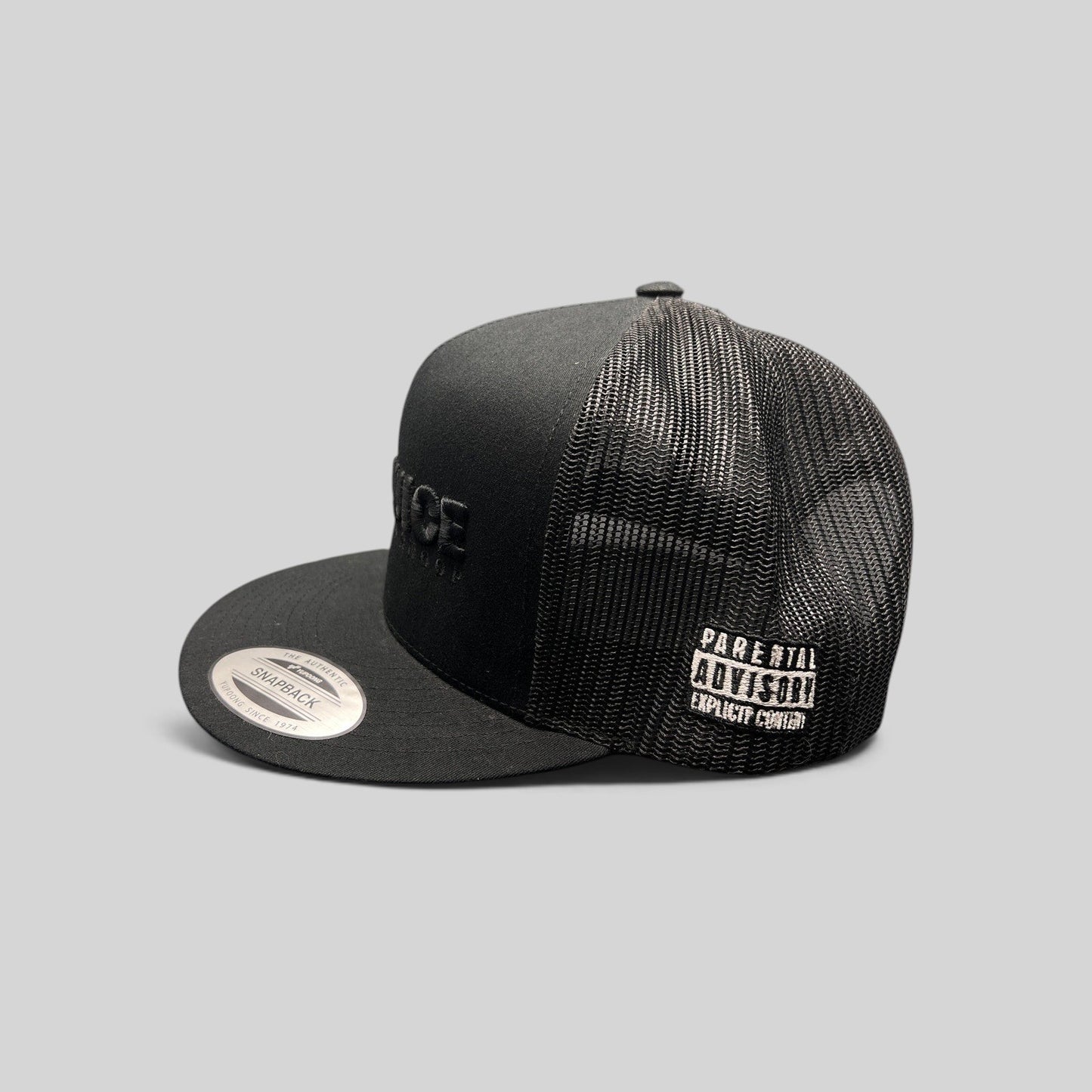 Raree Finds black Gin & Juice snapback hat with puff embroidery and Parental Advisory side patch on mesh-back cap