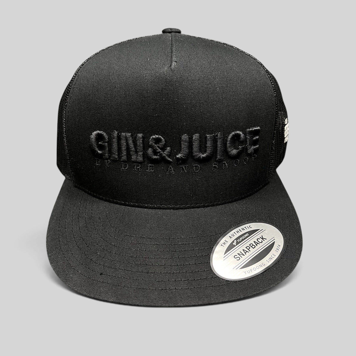 Raree Finds black Gin & Juice trucker snapback hat with tonal raised embroidery and breathable mesh back panels.