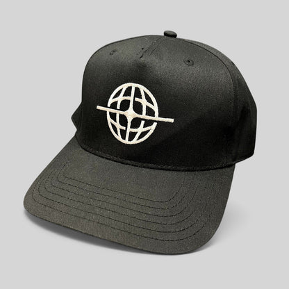 Raree Finds black snapback hat with white embroidered globe logo on the front structured six-panel crown