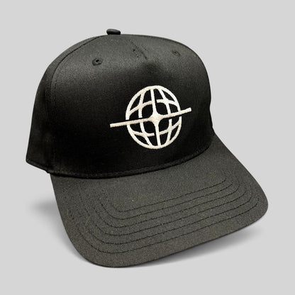 Raree Finds black snapback hat with white embroidered globe logo on the front, featuring a structured six-panel design.