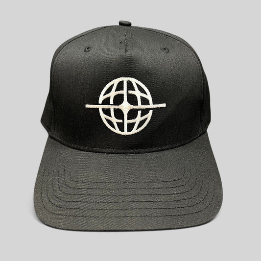 Raree Finds black snapback hat with white embroidered globe logo on the front, featuring a structured six-panel design.