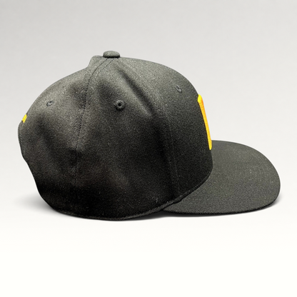 Raree Finds black Yupoong 110 Flexfit snapback hat with a gold embroidered P logo on the structured crown