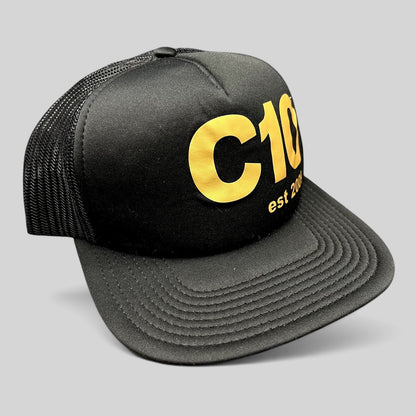 Raree Finds black and gold C10 trucker snapback hat with a structured foam front and breathable mesh back panels.