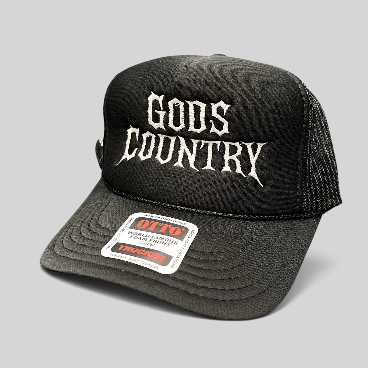 Raree Finds black foam trucker hat with white gothic God's Country embroidery and mesh back