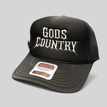 Raree Finds black foam trucker hat with white gothic God's Country embroidery and mesh back
