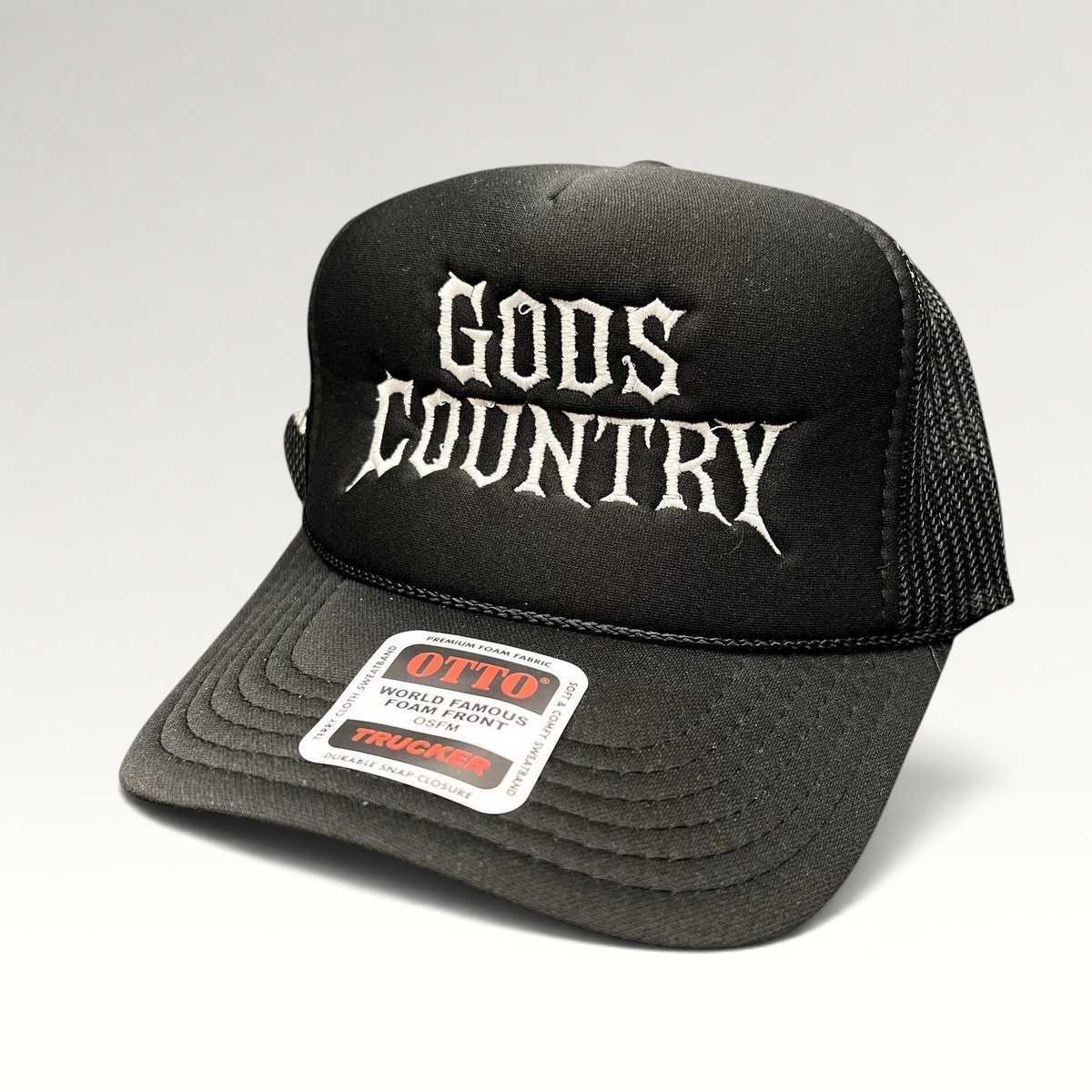 Raree Finds black foam trucker hat with white gothic God's Country embroidery and mesh back