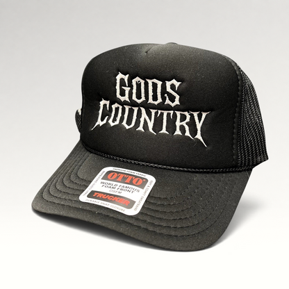 Raree Finds black foam trucker hat with white gothic God's Country embroidery and mesh back