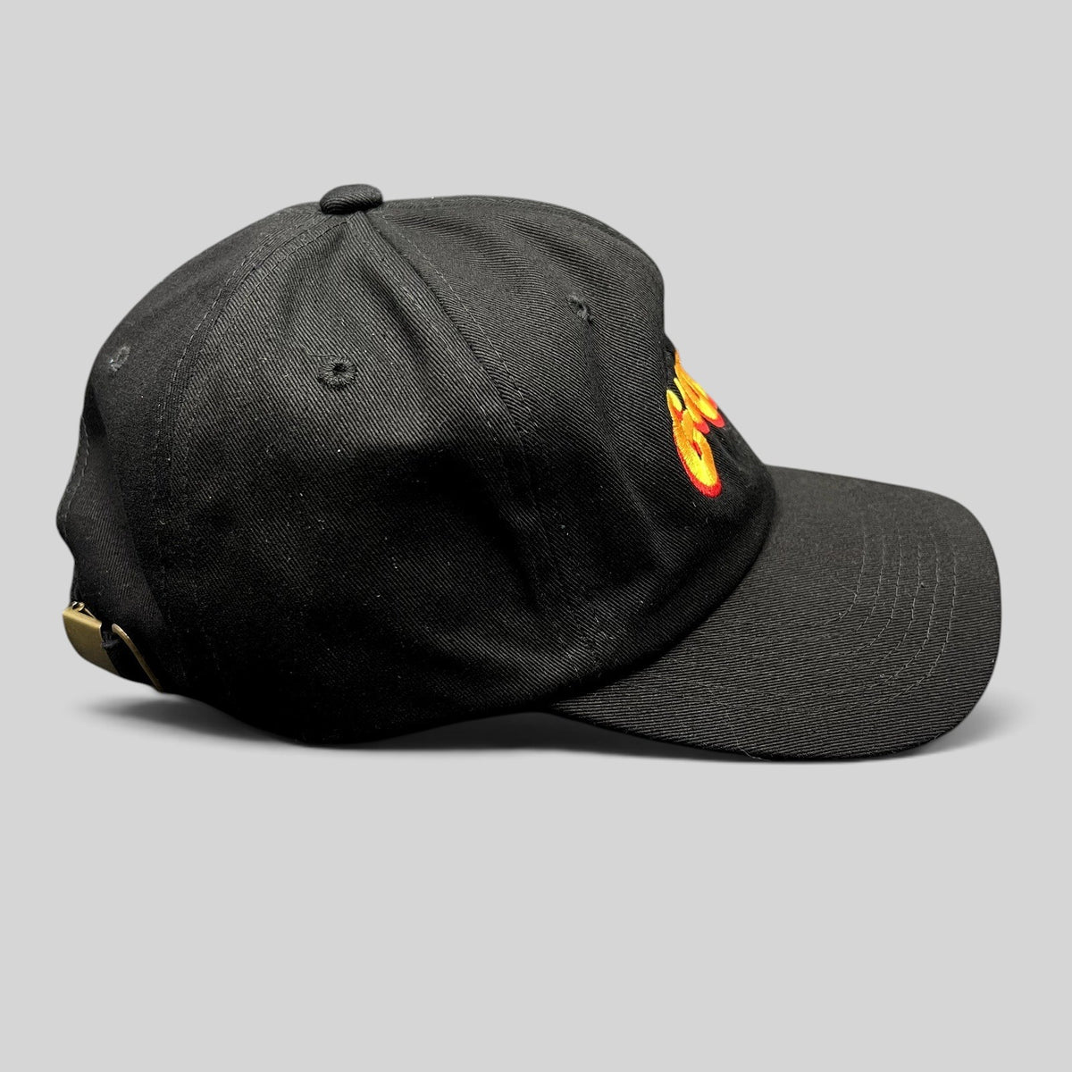 Raree Finds black cotton strapback hat with colorful embroidered Gouda logo and curved brim