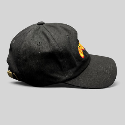 Raree Finds black cotton strapback hat with colorful embroidered Gouda logo and curved brim