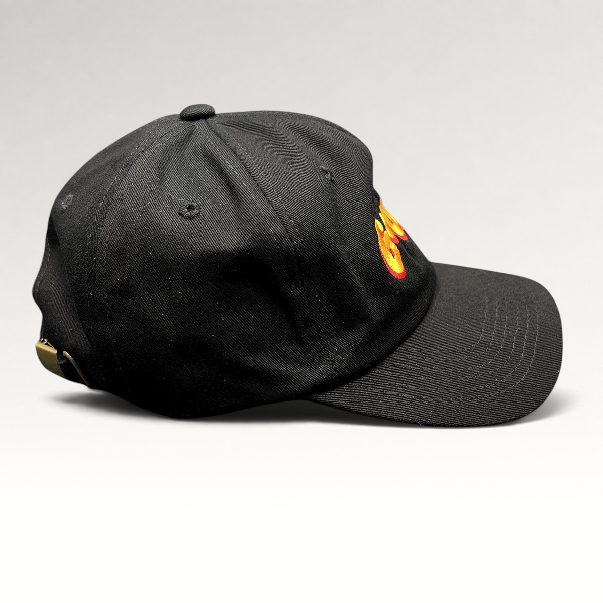 Raree Finds black cotton strapback hat with colorful embroidered Gouda logo and curved brim