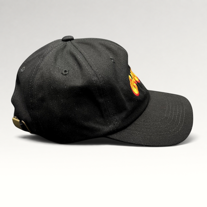 Raree Finds black cotton strapback hat with colorful embroidered Gouda logo and curved brim