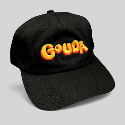 Raree Finds black cotton strapback hat with colorful embroidered Gouda logo and curved brim