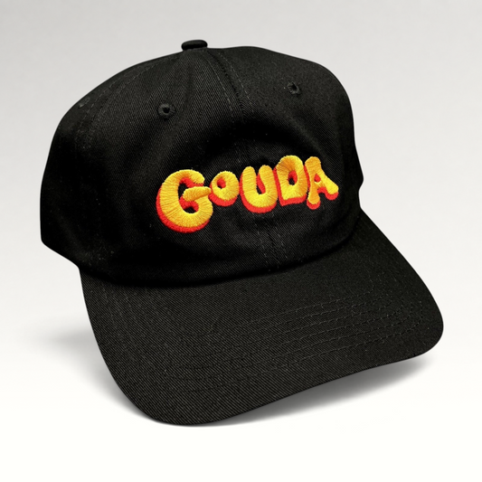 Raree Finds black cotton strapback hat with colorful embroidered Gouda logo and curved brim