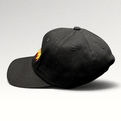 Raree Finds black cotton strapback hat with colorful embroidered Gouda cheese graphic and curved brim