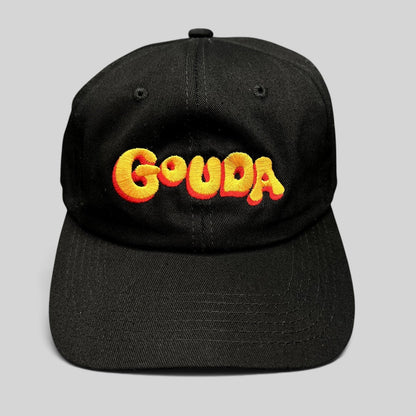 Raree Finds black cotton strapback hat with colorful embroidered Gouda logo on the front and a curved brim.