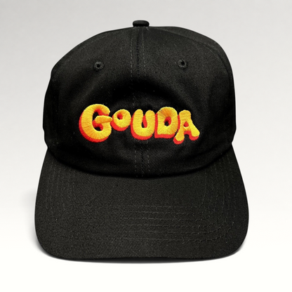 Raree Finds black cotton strapback hat with colorful embroidered Gouda logo on the front and a curved brim.