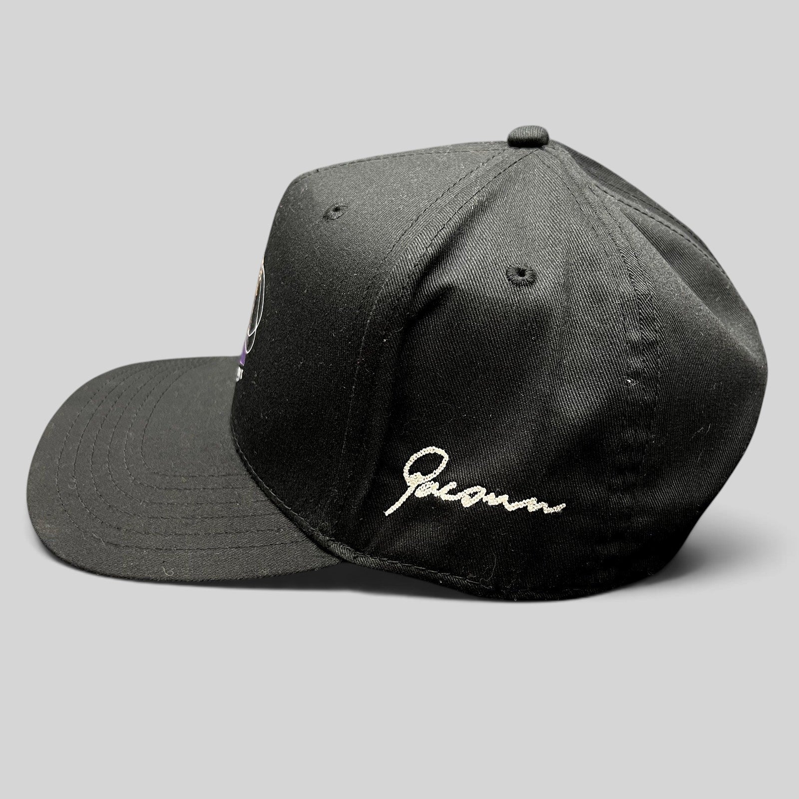 Raree Finds black Grammy U PacSun snapback hat with side embroidery and flat bill, side profile view