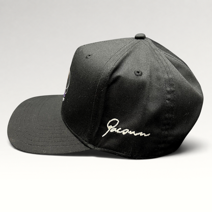 Raree Finds black Grammy U PacSun snapback hat with side embroidery and flat bill, side profile view
