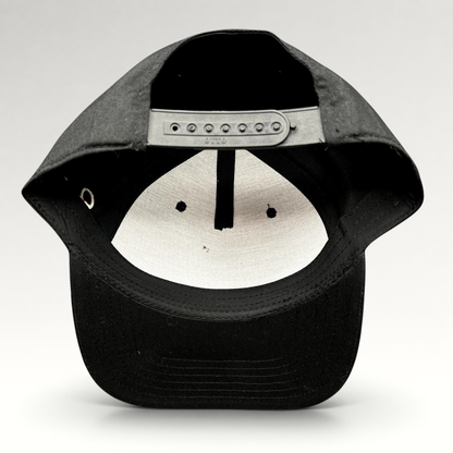 Raree Finds black Grammy U snapback hat showing the interior adjustable plastic snap closure and structured crown
