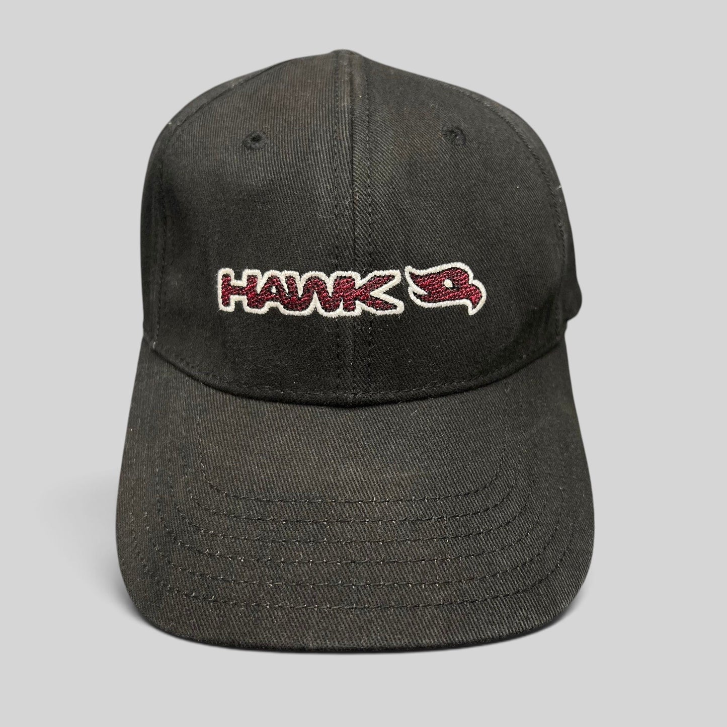 Raree Finds youth black fitted skate hat with embroidered HAWK wordmark and bird logo in red and white