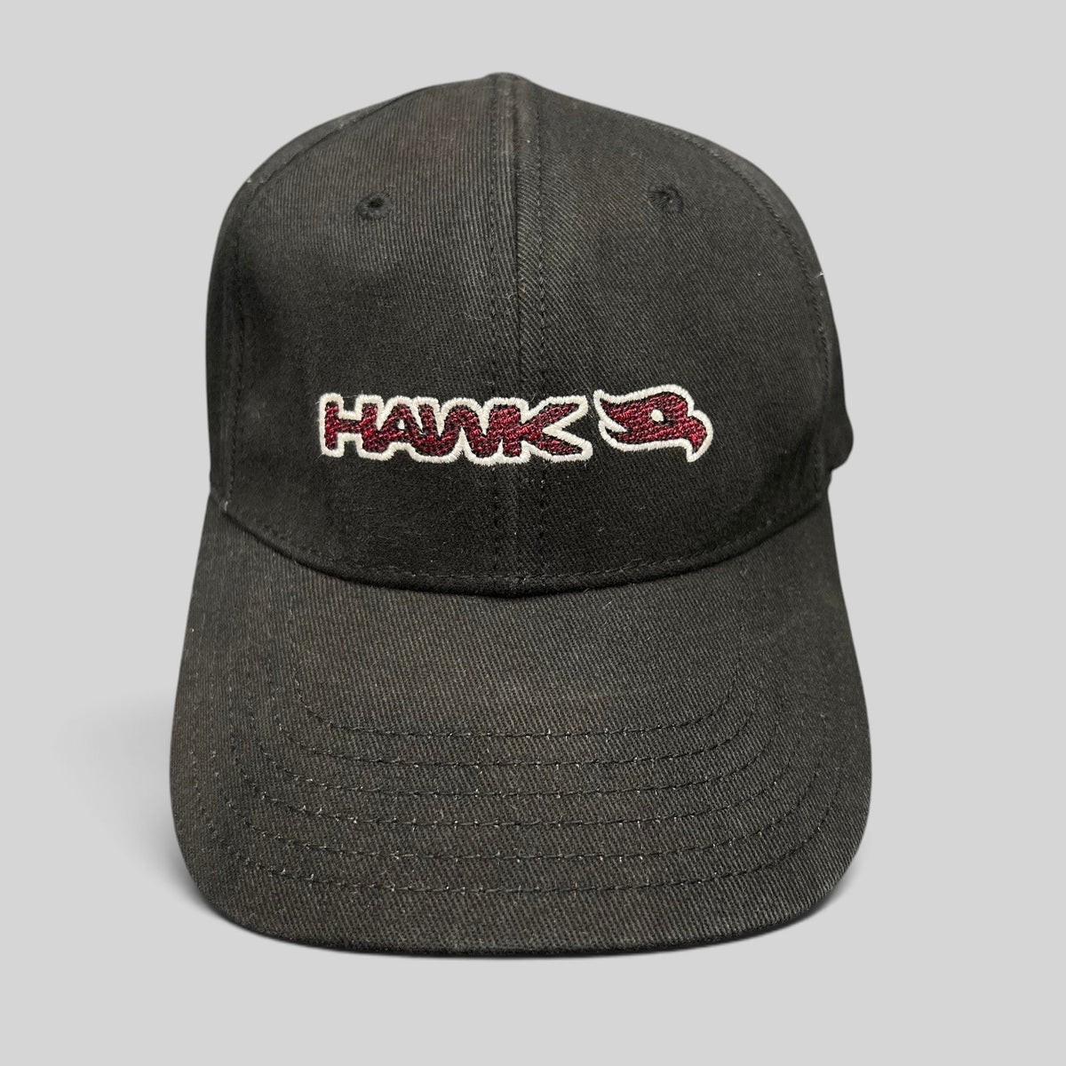 Raree Finds youth black fitted skate hat with embroidered HAWK wordmark and bird logo in red and white