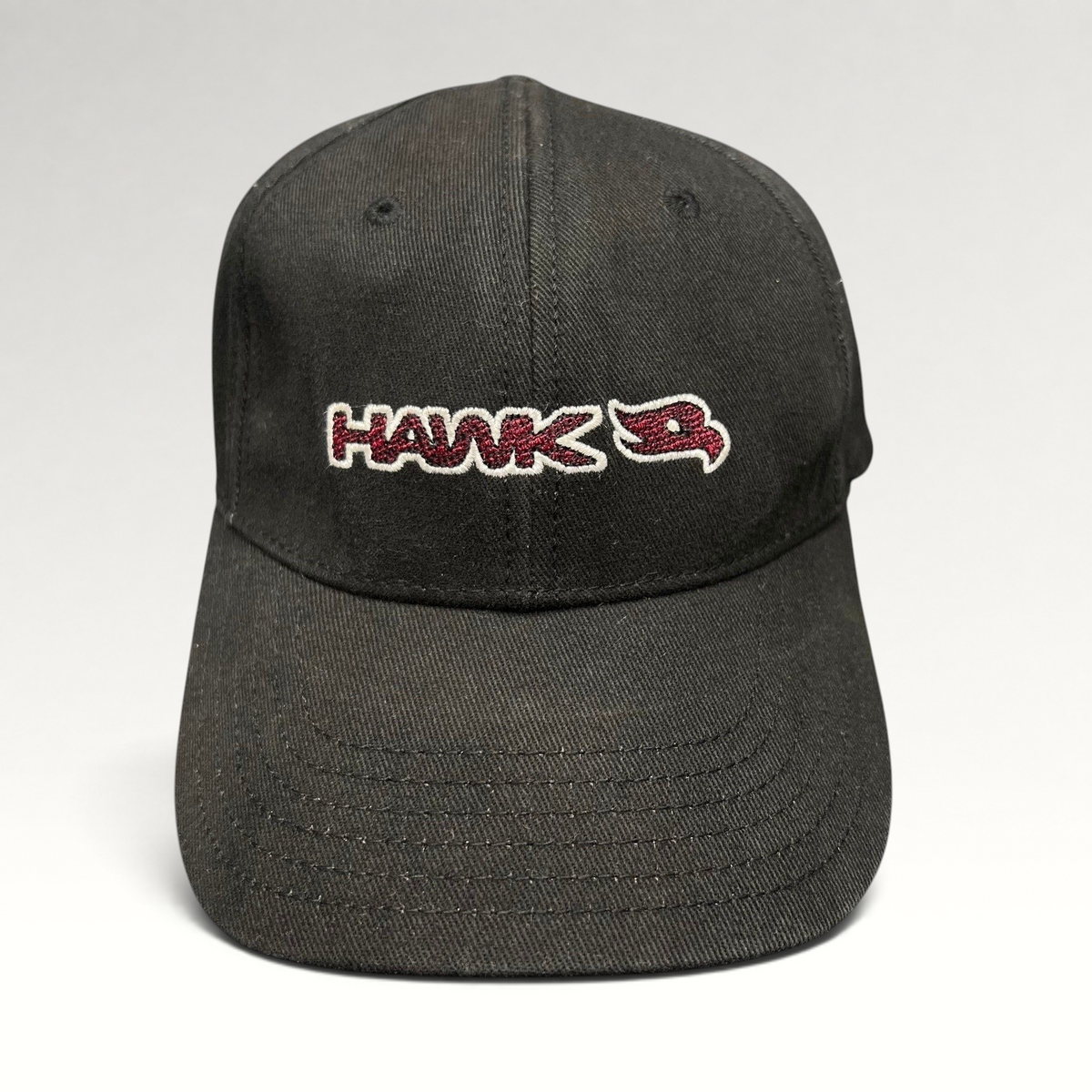 Raree Finds youth black fitted skate hat with embroidered HAWK wordmark and bird logo in red and white