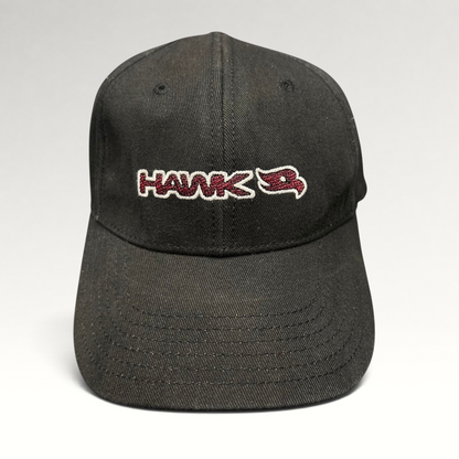 Raree Finds youth black fitted skate hat with embroidered HAWK wordmark and bird logo in red and white