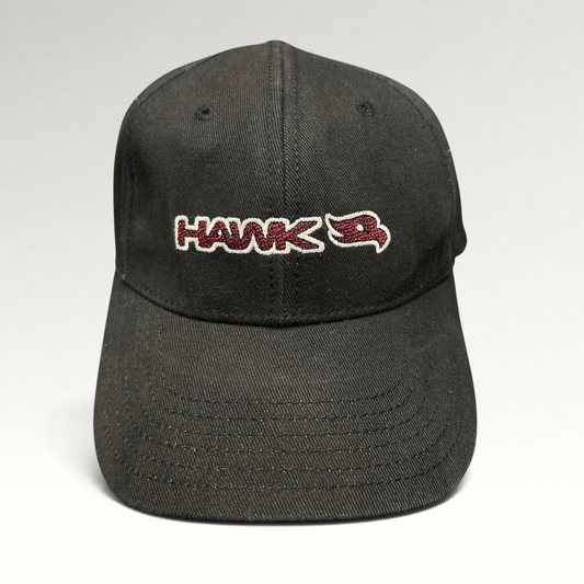 Raree Finds youth black fitted skate hat with embroidered HAWK wordmark and bird logo in red and white