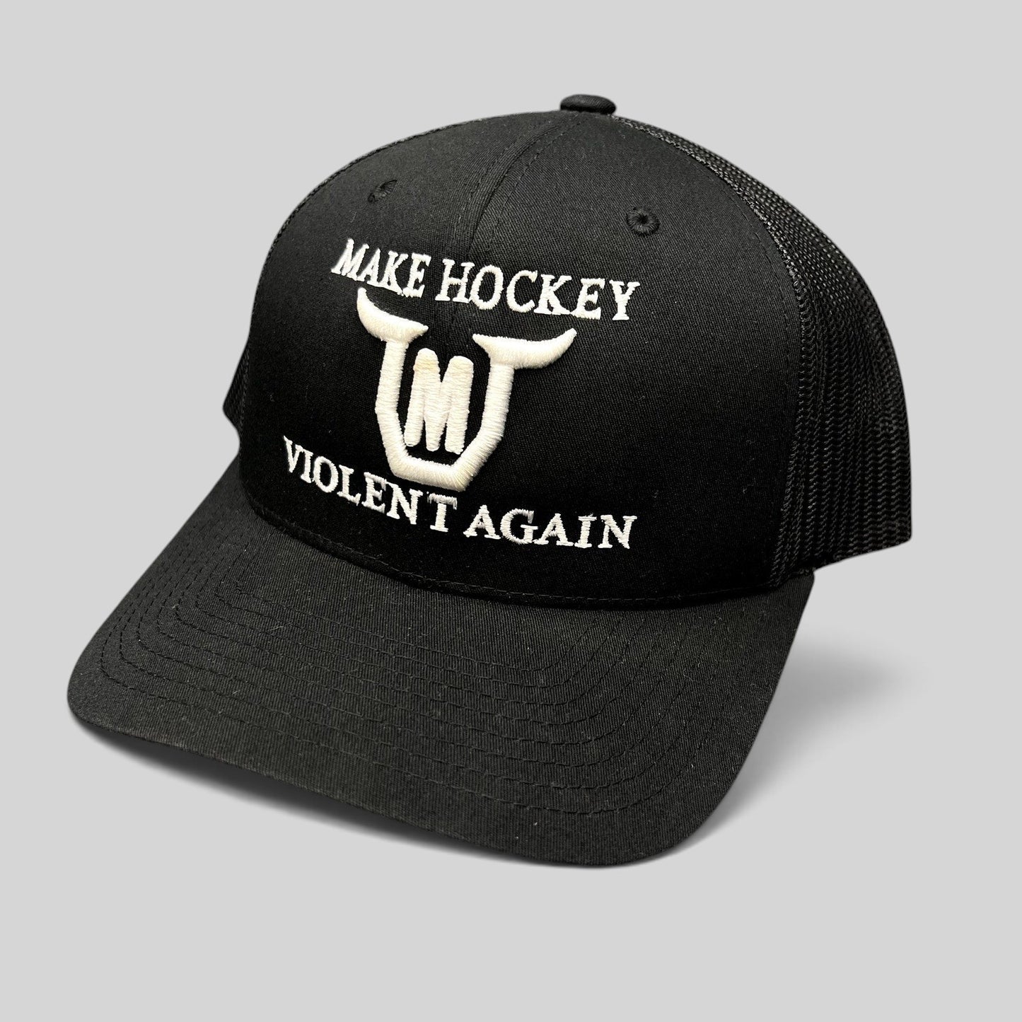 Raree Finds black Yupoong Classics trucker hat with white embroidered Make Hockey Violent Again slogan and horned logo
