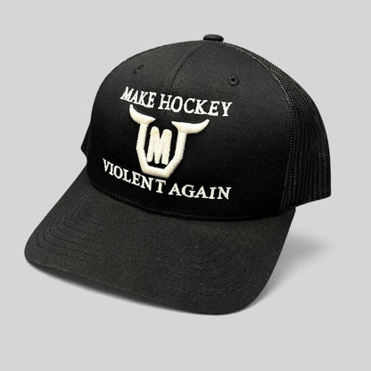 Raree Finds black Yupoong Classics trucker hat with white embroidered Make Hockey Violent Again slogan and horned logo