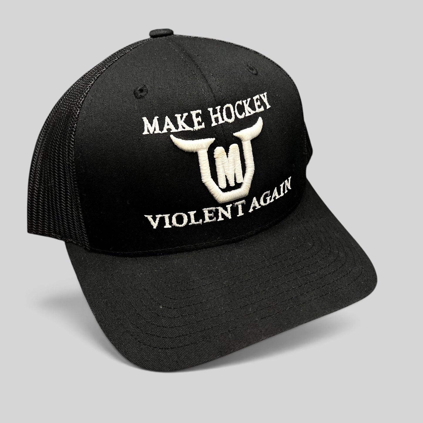 Raree Finds black Yupoong Classics trucker hat with white embroidered Make Hockey Violent Again slogan and horned logo