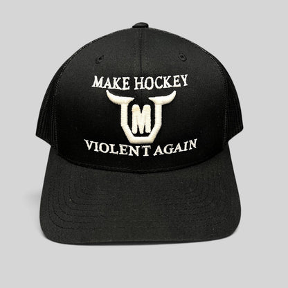 Raree Finds black Yupoong Classics trucker hat with white embroidered Make Hockey Violent Again slogan and horned logo