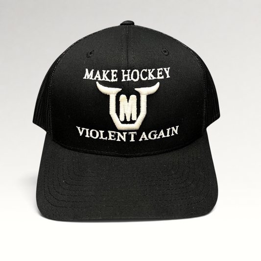 Raree Finds black Yupoong Classics trucker hat with white embroidered Make Hockey Violent Again slogan and horned logo