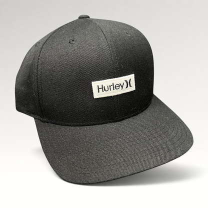 Raree Finds black Hurley snapback hat with a woven logo patch on a structured Yupoong The Classics crown.