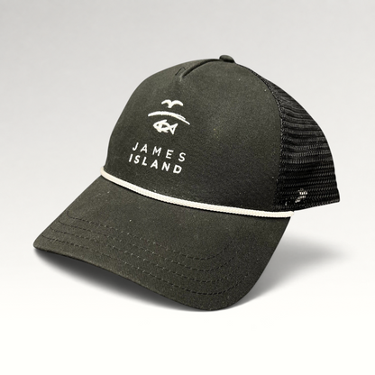 Raree Finds black trucker hat with white James Island coastal embroidery, structured crown, and breathable mesh back.