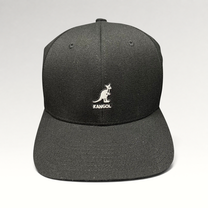 Raree Finds black Kangol flexfit baseball cap with white embroidered kangaroo logo and structured crown