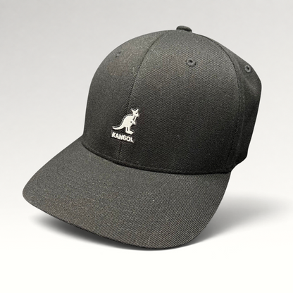 Raree Finds black Kangol flexfit baseball cap with white embroidered kangaroo logo on a structured crown