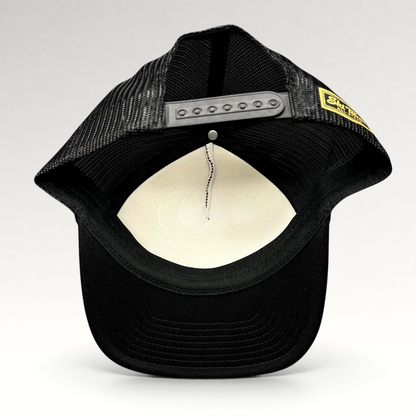 Raree Finds black mesh trucker hat with adjustable snapback closure and interior foam lining, back view
