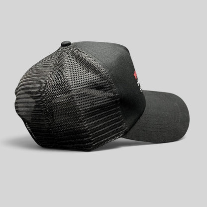 Raree Finds black mesh trucker hat with structured front panel and red and white Honda Insurance Solutions logo