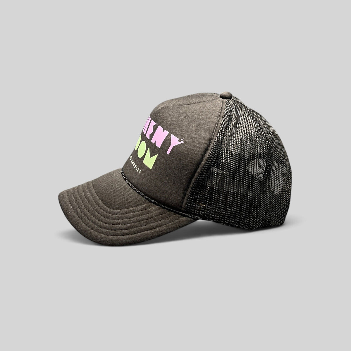 Raree Finds black mesh trucker hat with Doheny Room pastel logo on a structured foam front panel and curved brim.