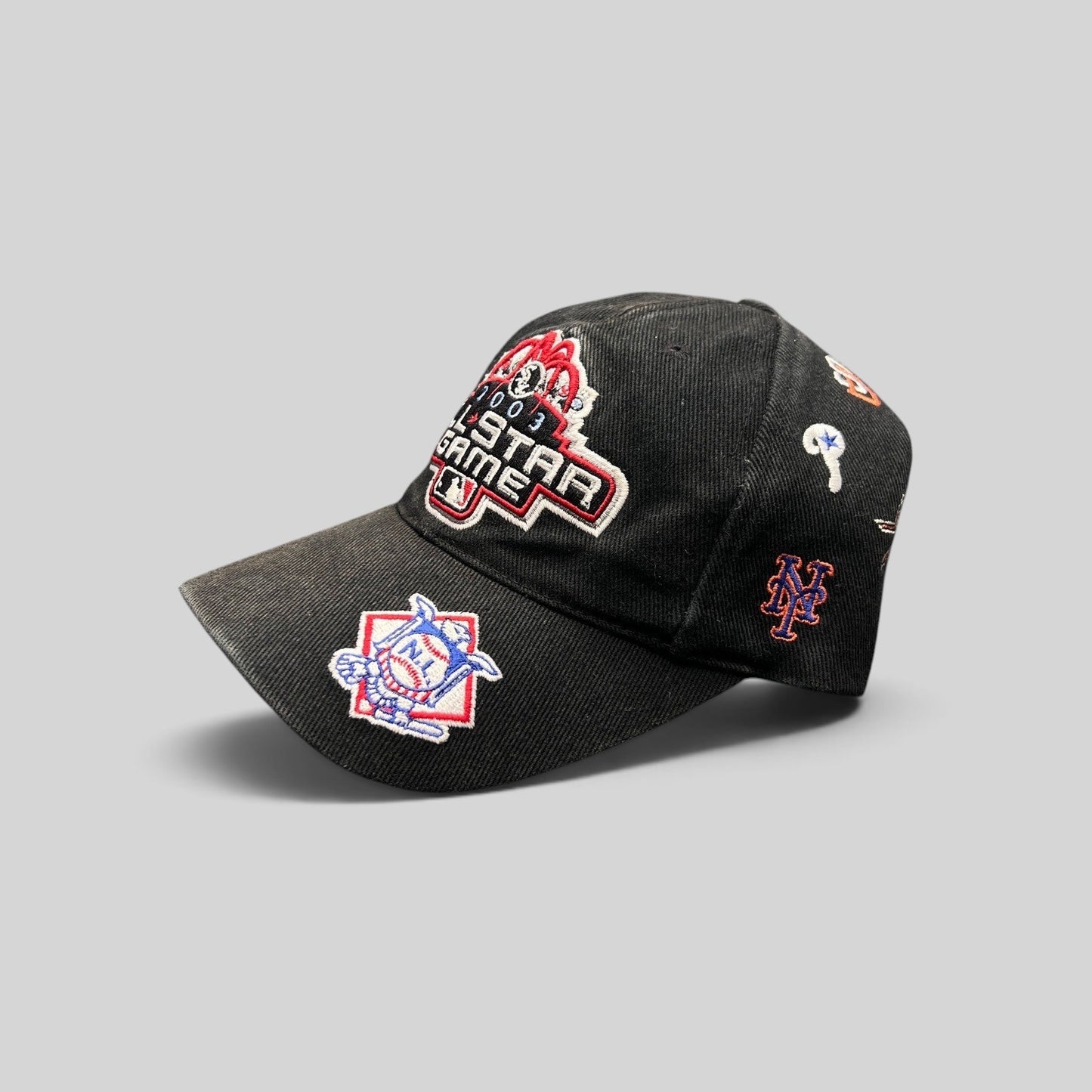 Raree Finds black cotton twill 2003 MLB All-Star Game Chicago adjustable hat with multi-team embroidered logos